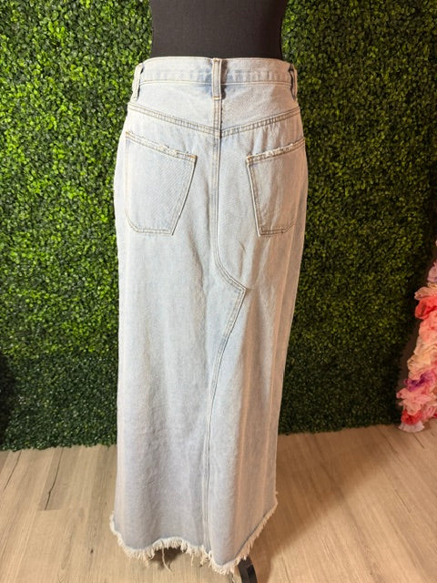 Distressed Hi-Lo Denim Skirt — Light Wash