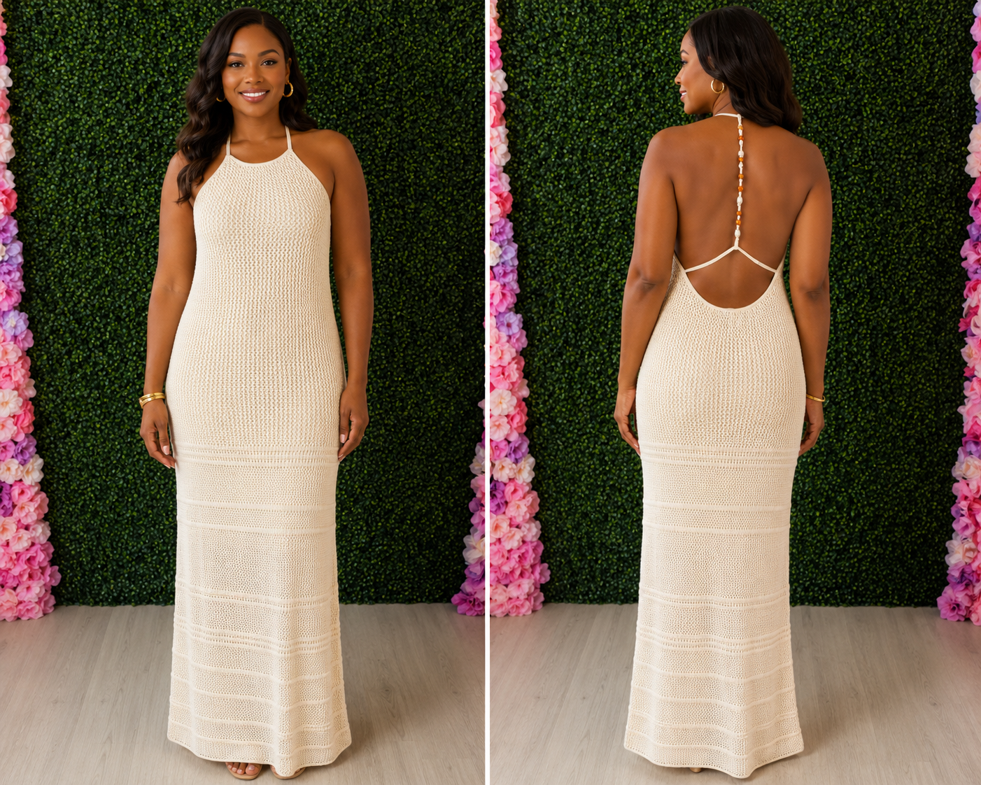 Beaded Backless Knit Maxi Sundress — Off White