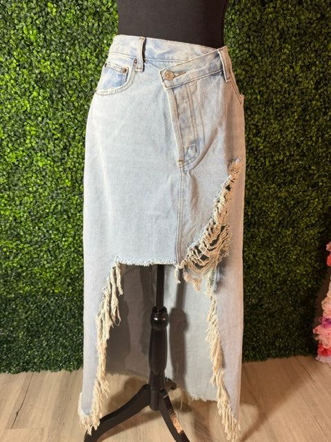 Distressed Hi-Lo Denim Skirt — Light Wash