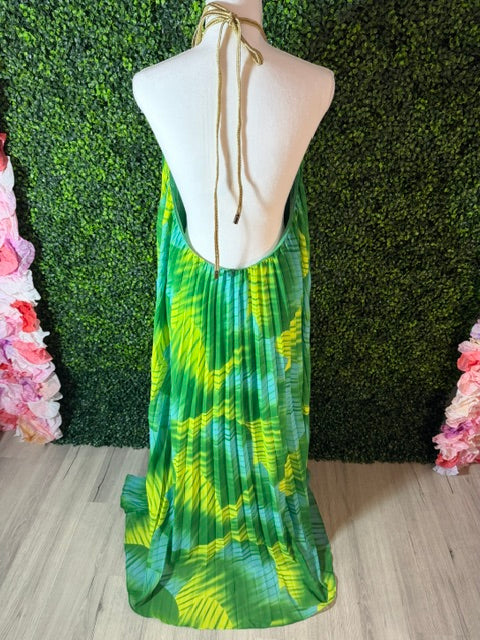 Green Tropical Pleated Halter Maxi Dress