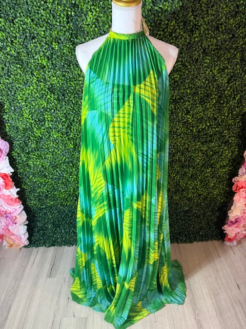 Green Tropical Pleated Halter Maxi Dress