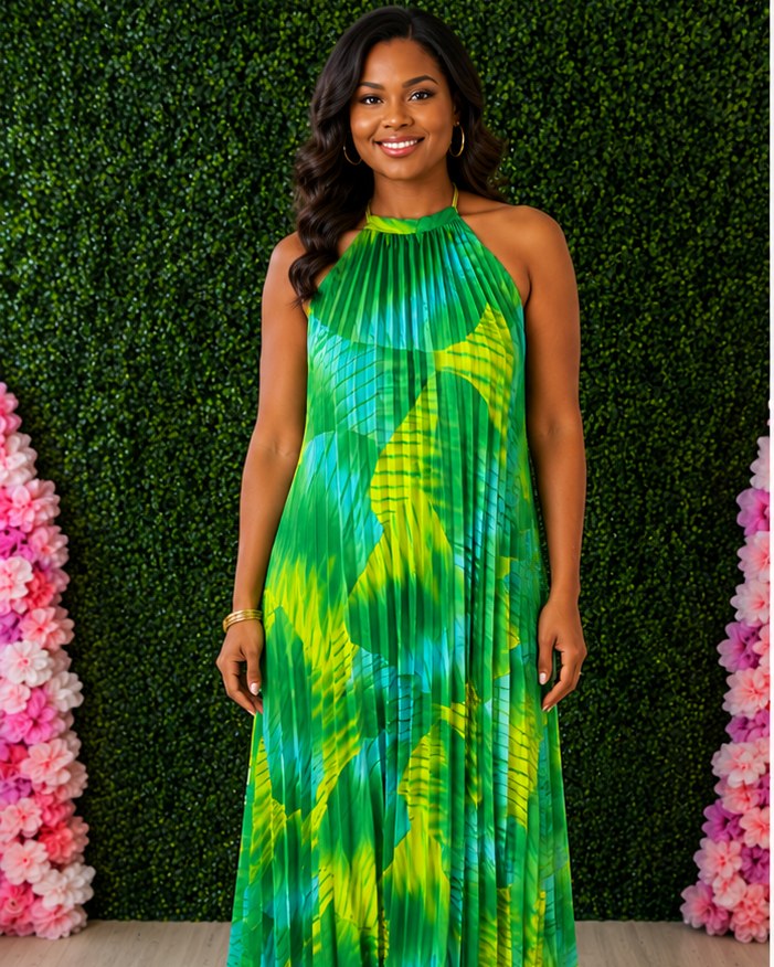 A woman wearing a sleeveless halter-neck maxi dress with a green and yellow tropical leaf print, standing in front of a green hedge wall with pink floral decorations on both sides.