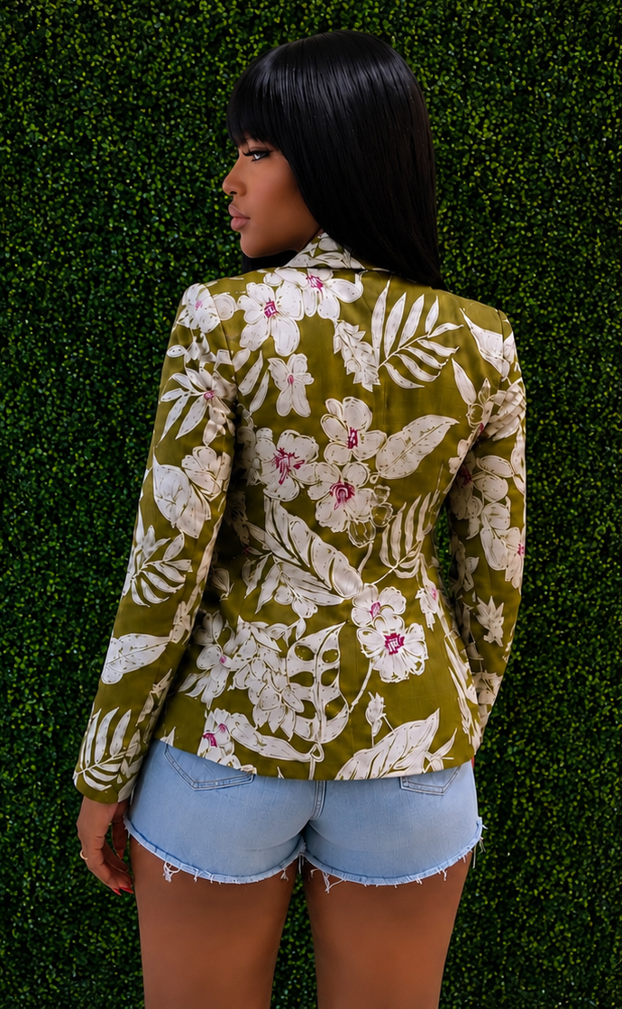 Zara Tropical Print Blazer — Olive