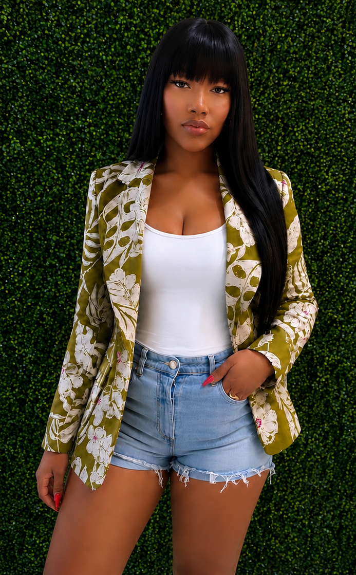 Zara Tropical Print Blazer — Olive